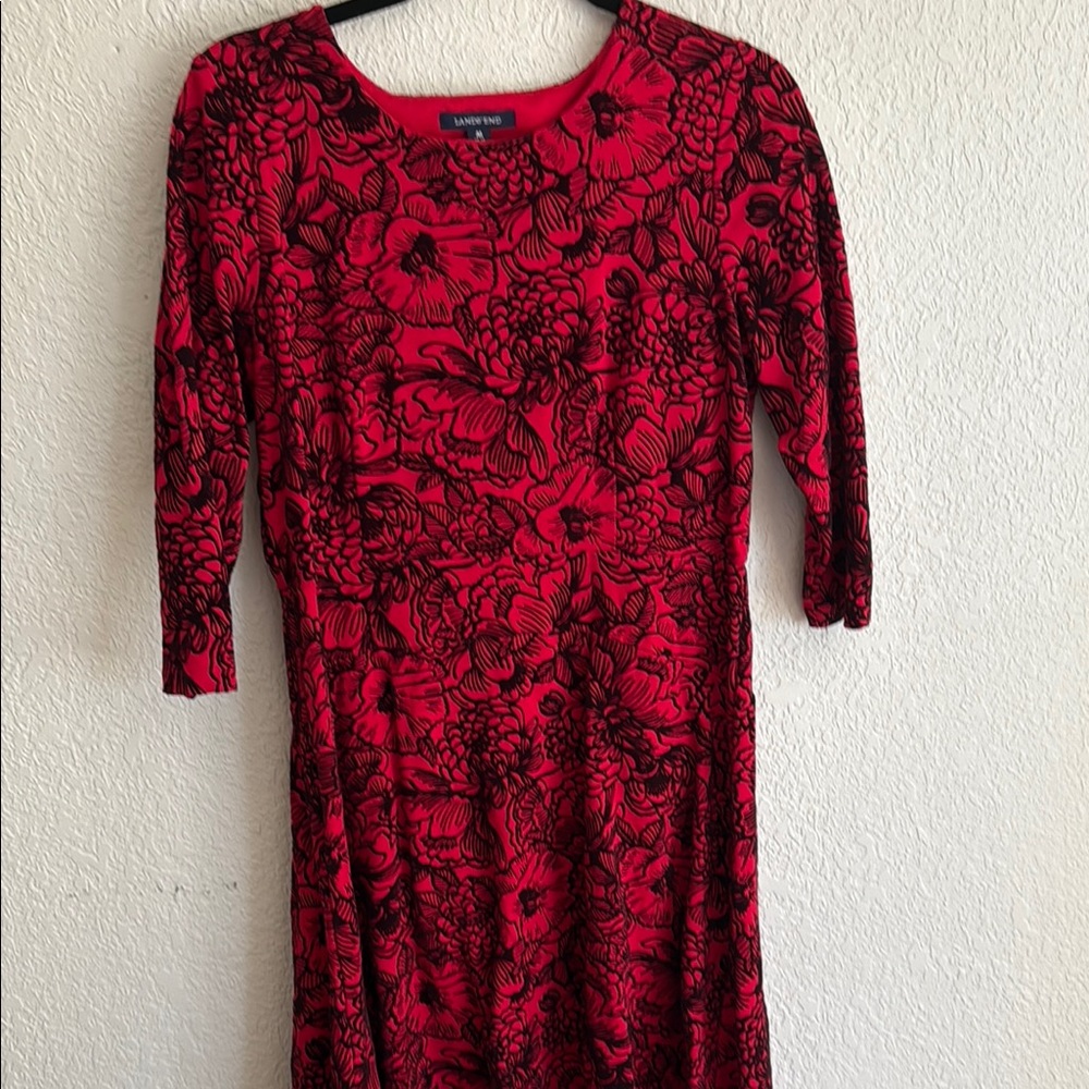 Lands' End Red and Black Floral quarter Sleeve Dress